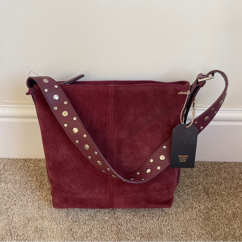 Burgundy Suede Shoulder Bag with Studded Strap